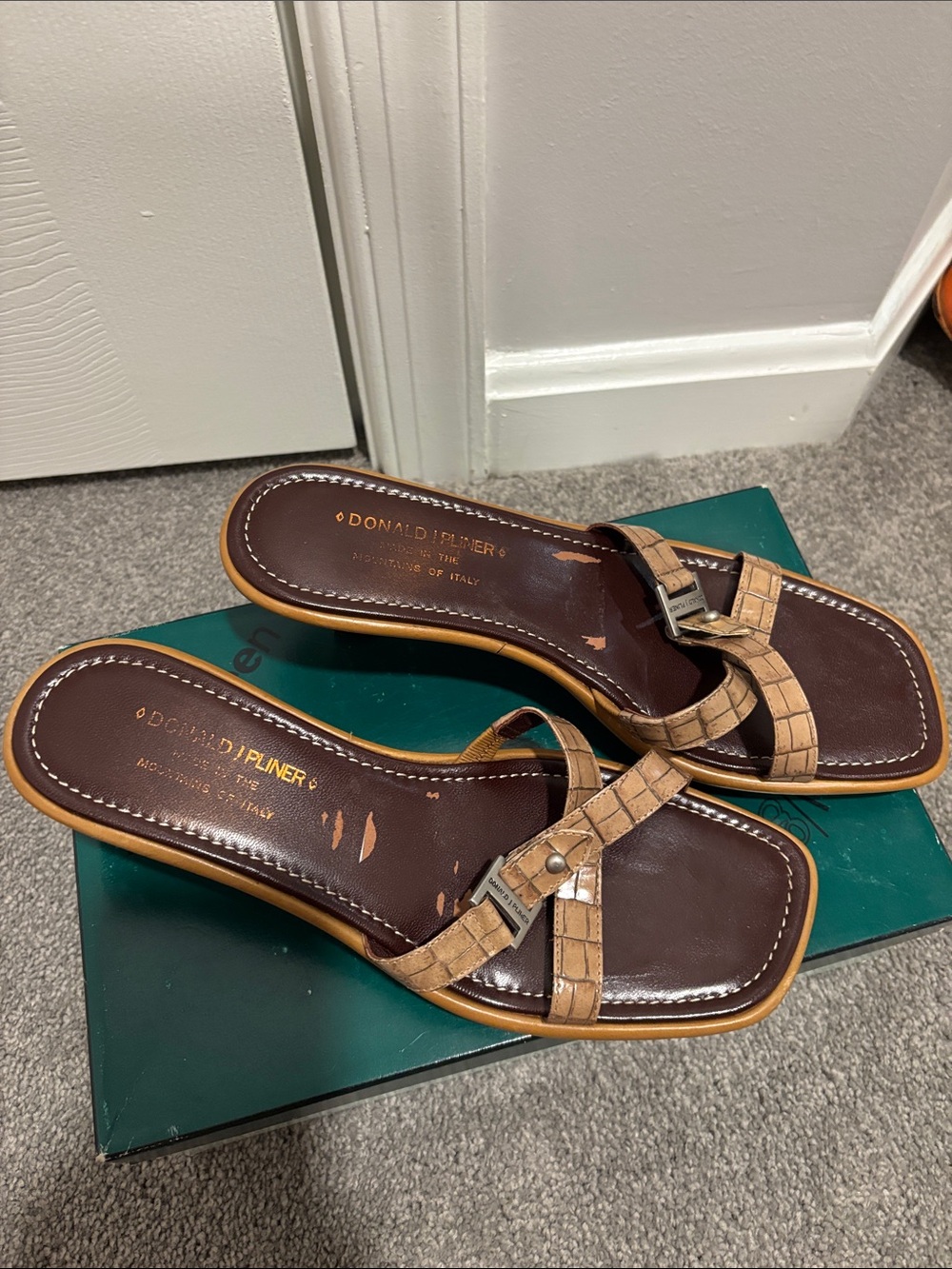 Donald J. Pliner Brown Croc-Embossed Slide Sandals